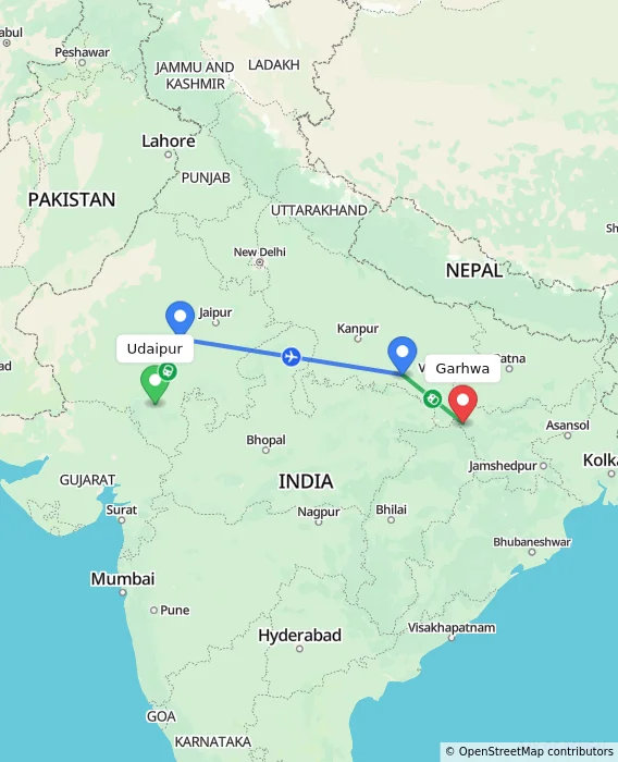 Route map showing distance and travel time from Udaipur, India to Garhwa, India