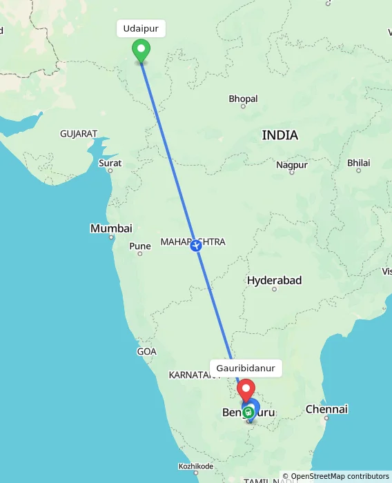 Route map showing distance and travel time from Udaipur, India to Gauribidanur, India
