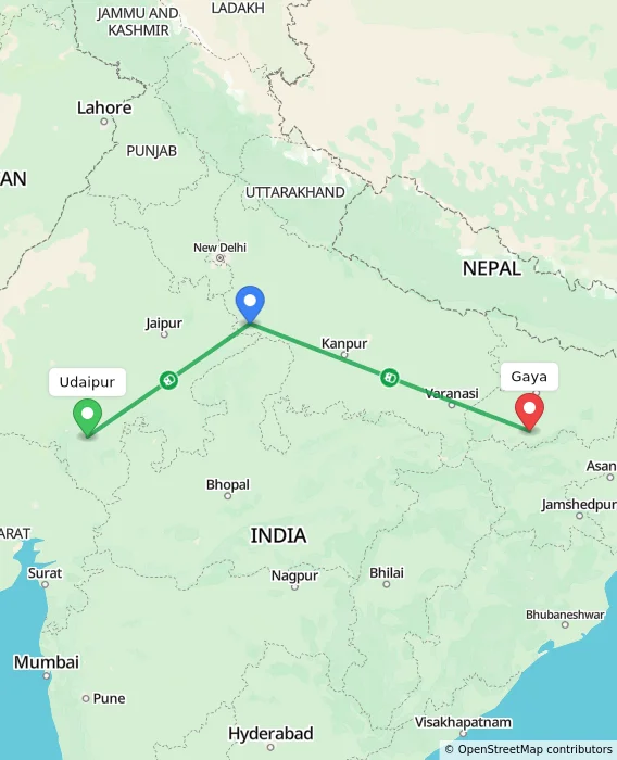 Route map showing distance and travel time from Udaipur, India to Gaya, India