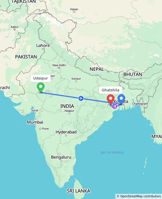 Route map showing distance and travel time from Udaipur, India to Ghatshila, India