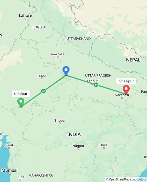 Route map showing distance and travel time from Udaipur, India to Ghazipur, India
