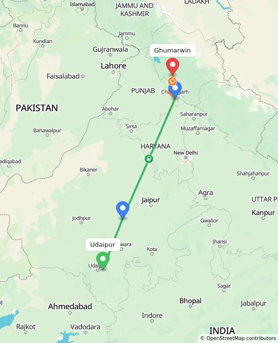 Route map showing distance and travel time from Udaipur, India to Ghumarwin, India