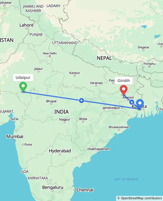 Route map showing distance and travel time from Udaipur, India to Giridih, India