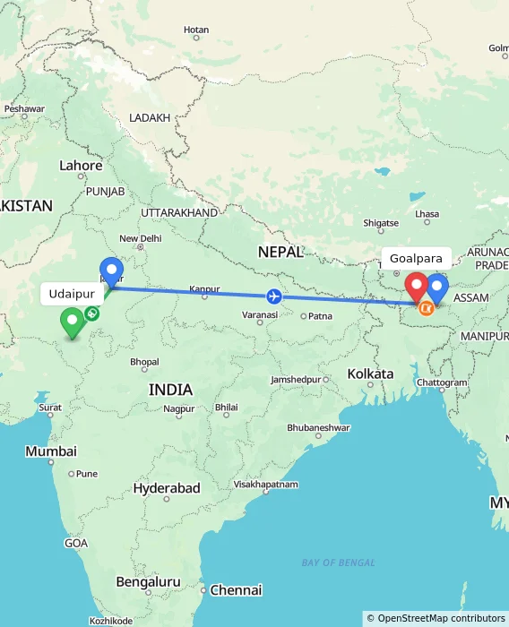 Route map showing distance and travel time from Udaipur, India to Goalpara, India