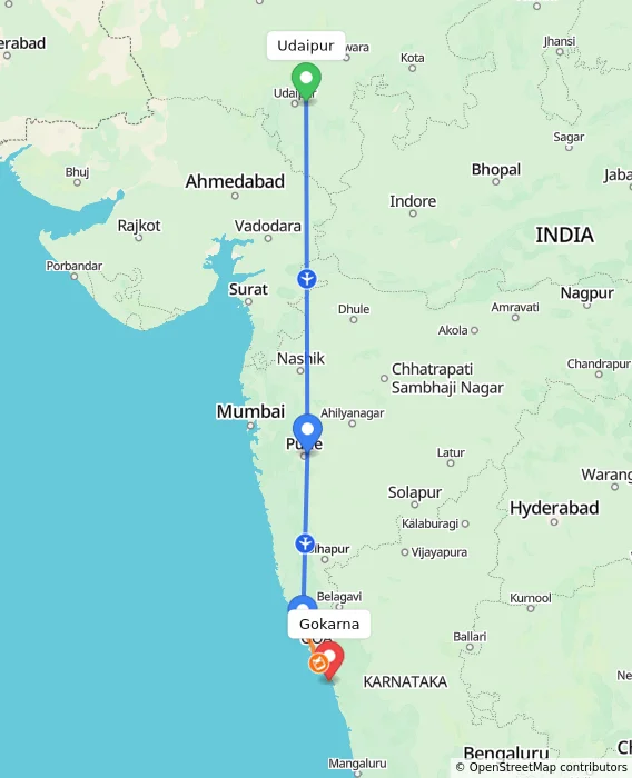 Route map showing distance and travel time from Udaipur, India to Gokarna, India