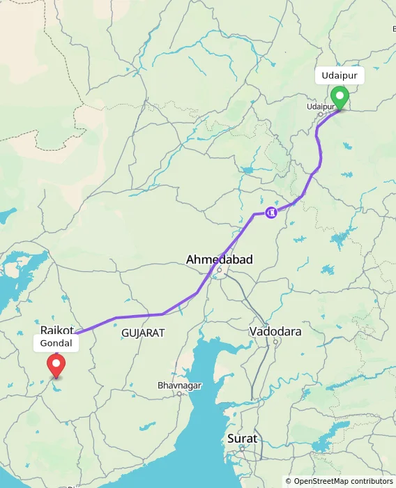 Route map showing distance and travel time from Udaipur, India to Gondal, India