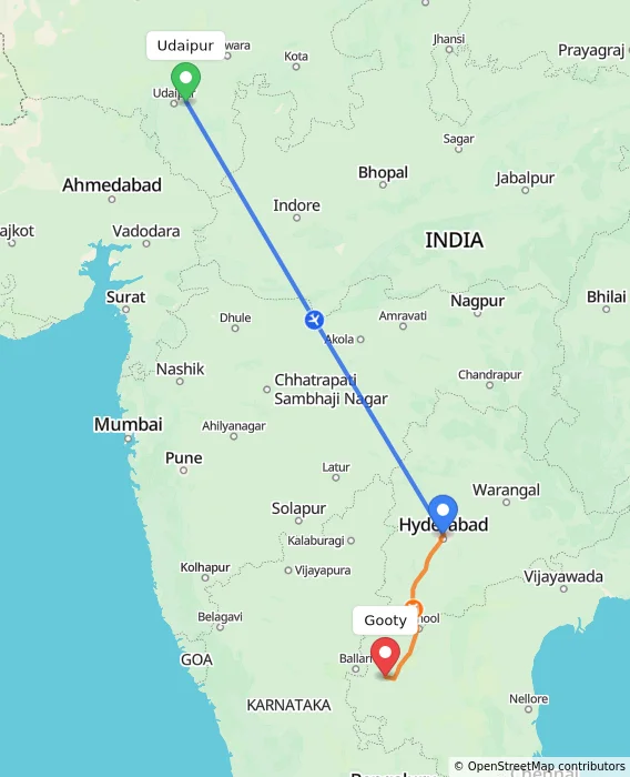 Route map showing distance and travel time from Udaipur, India to Gooty, India