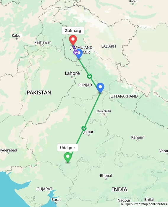 Route map showing distance and travel time from Udaipur, India to Gulmarg, India