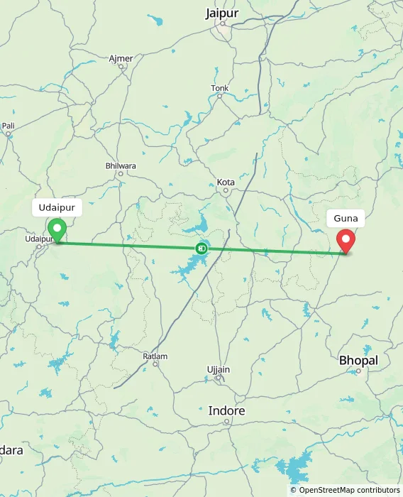 Route map showing distance and travel time from Udaipur, India to Guna, India
