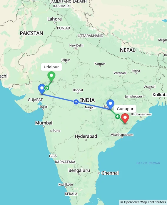 Route map showing distance and travel time from Udaipur, India to Gunupur, India