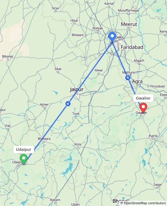 Route map showing distance and travel time from Udaipur, India to Gwalior, India