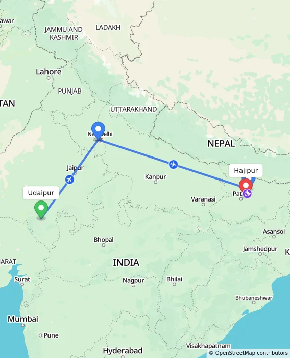 Route map showing distance and travel time from Udaipur, India to Hajipur, India