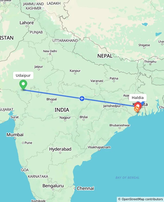 Route map showing distance and travel time from Udaipur, India to Haldia, India
