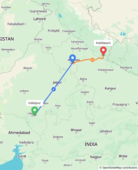 Route map showing distance and travel time from Udaipur, India to Haldwani, India