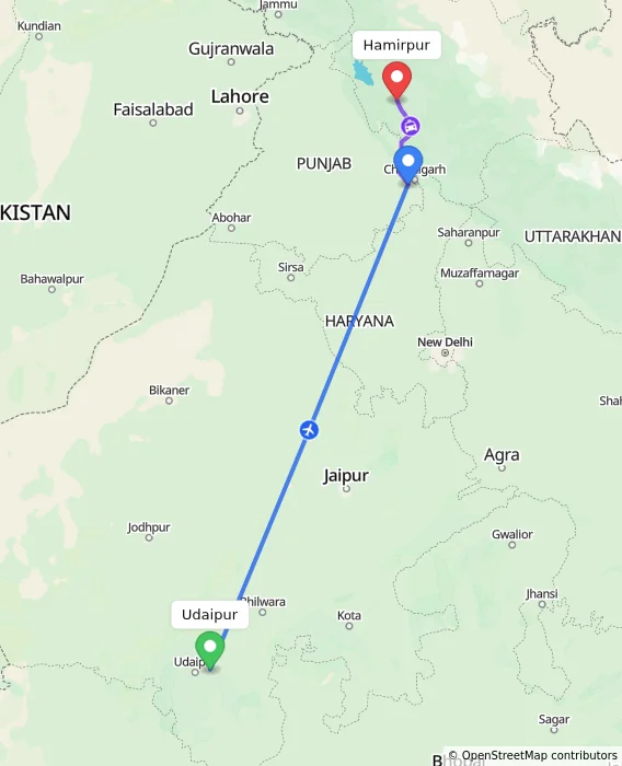 Route map showing distance and travel time from Udaipur, India to Hamirpur, India