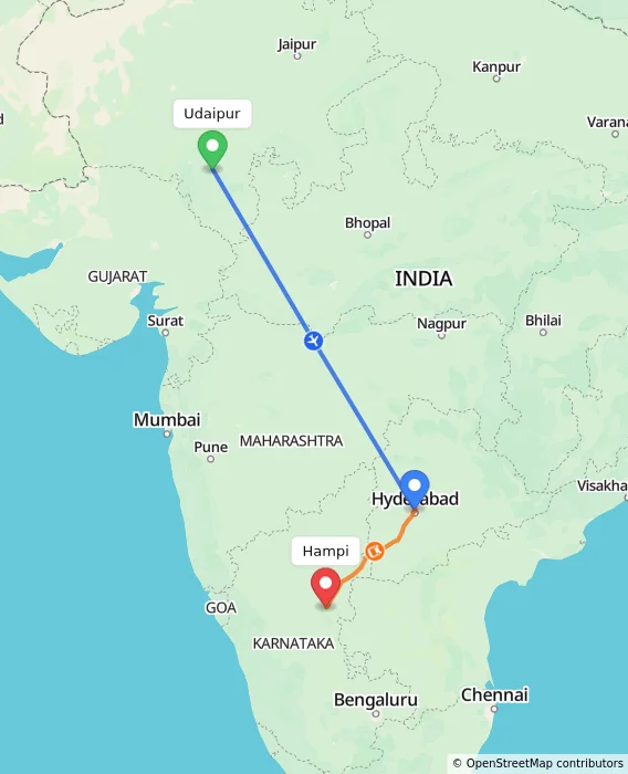 Route map showing distance and travel time from Udaipur, India to Hampi, India