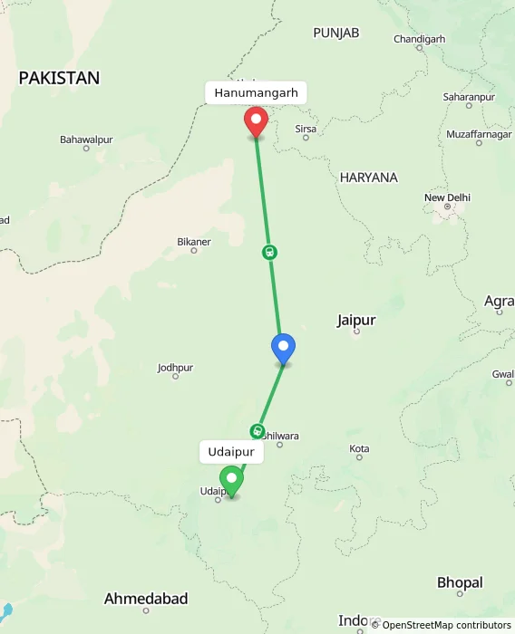 Route map showing distance and travel time from Udaipur, India to Hanumangarh, India