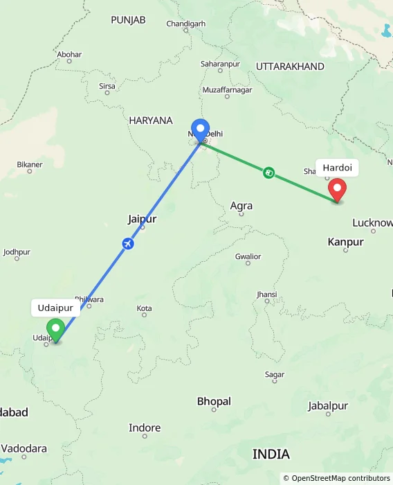 Route map showing distance and travel time from Udaipur, India to Hardoi, India