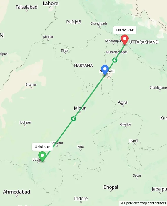 Route map showing distance and travel time from Udaipur, India to Haridwar, India