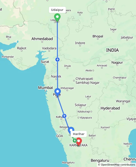 Route map showing distance and travel time from Udaipur, India to Harihar, India