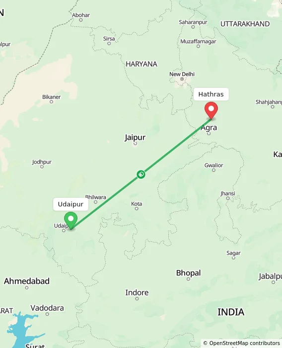 Route map showing distance and travel time from Udaipur, India to Hathras, India