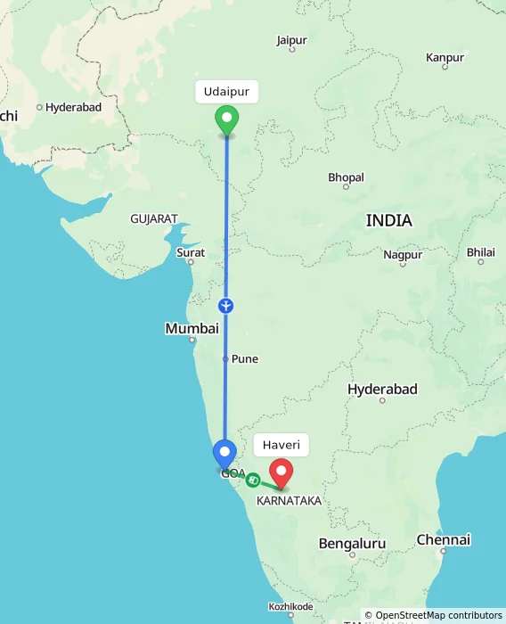 Route map showing distance and travel time from Udaipur, India to Haveri, India