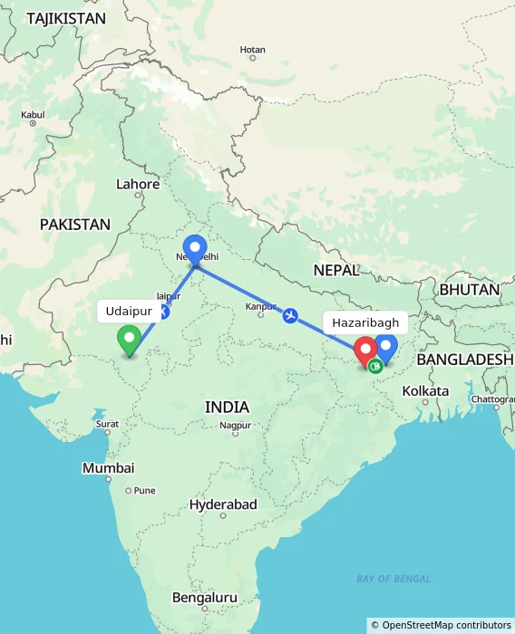 Route map showing distance and travel time from Udaipur, India to Hazaribagh, India