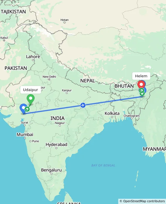 Route map showing distance and travel time from Udaipur, India to Helem, India