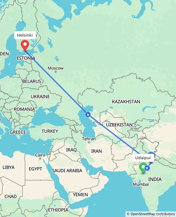 Route map showing distance and travel time from Udaipur, India to Helsinki, Finland