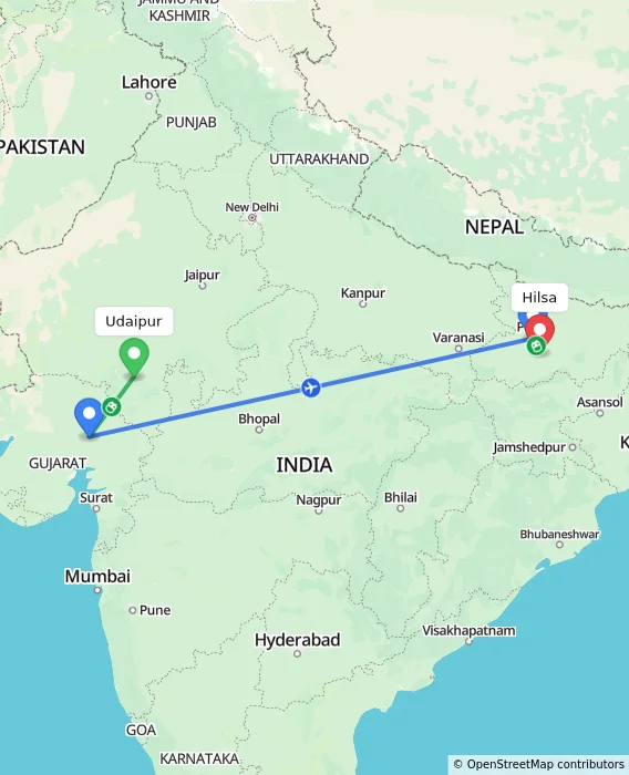 Route map showing distance and travel time from Udaipur, India to Hilsa, India