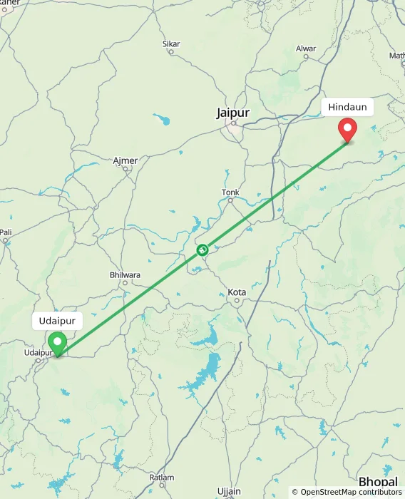 Route map showing distance and travel time from Udaipur, India to Hindaun, India