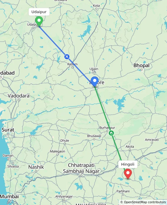 Route map showing distance and travel time from Udaipur, India to Hingoli, India