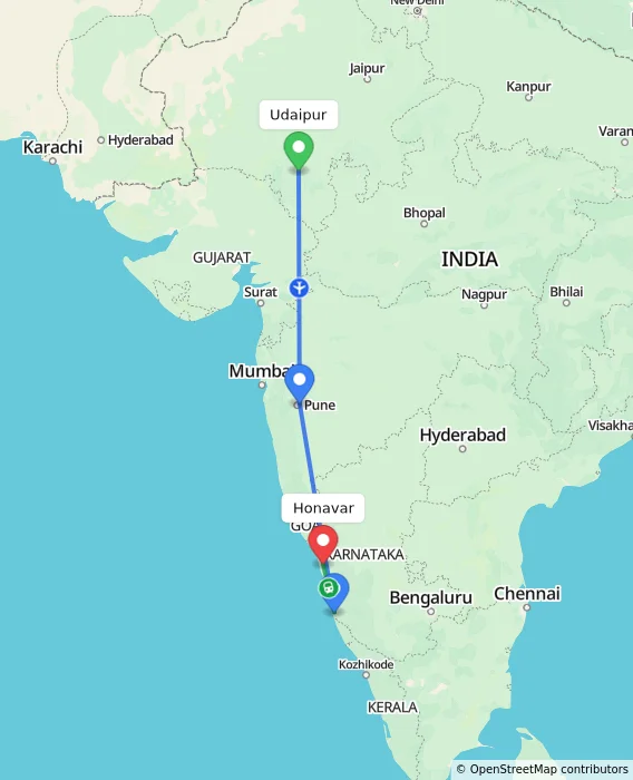 Route map showing distance and travel time from Udaipur, India to Honavar, India