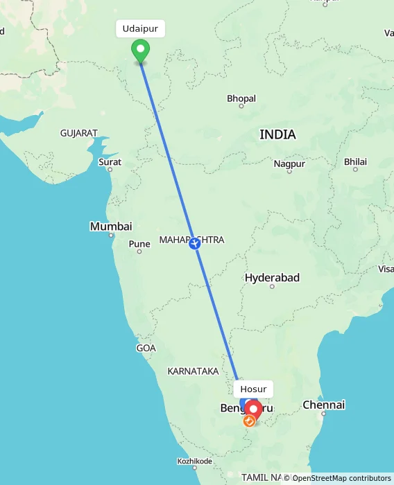 Route map showing distance and travel time from Udaipur, India to Hosur, India