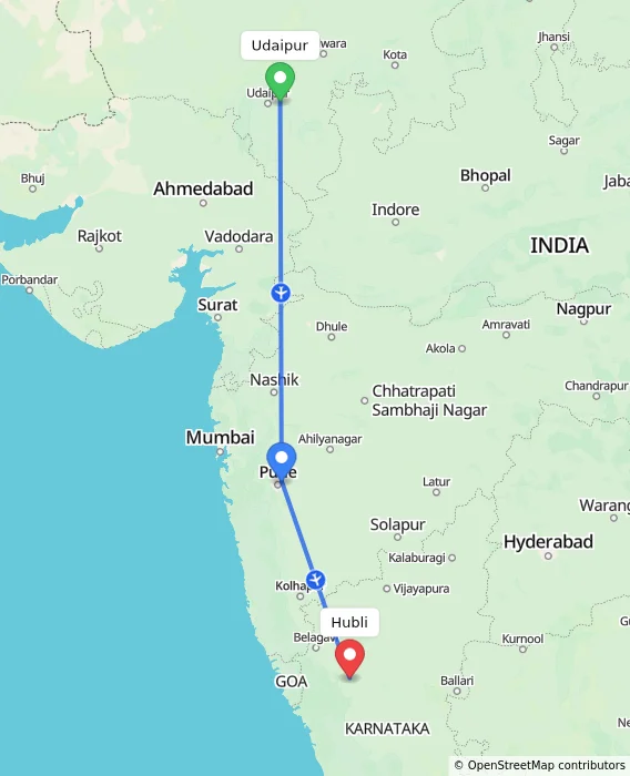 Route map showing distance and travel time from Udaipur, India to Hubli, India
