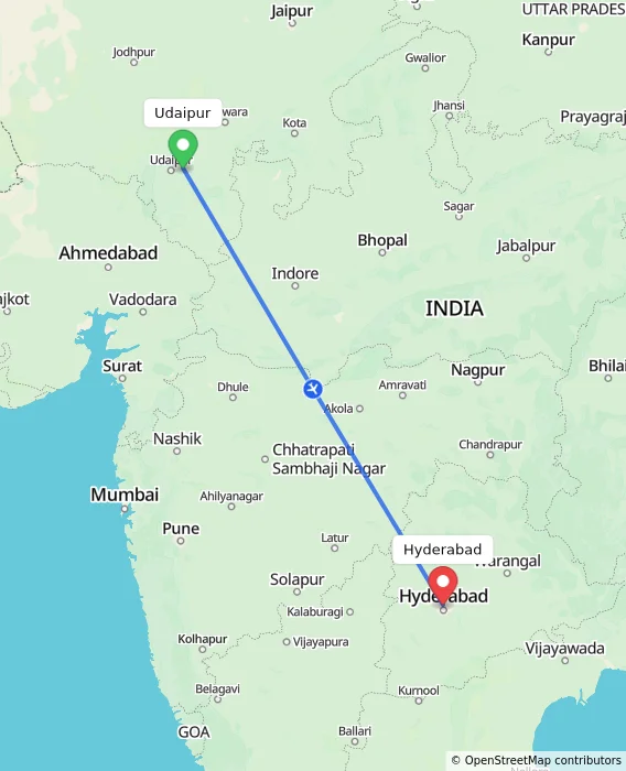 Route map showing distance and travel time from Udaipur, India to Hyderabad, India