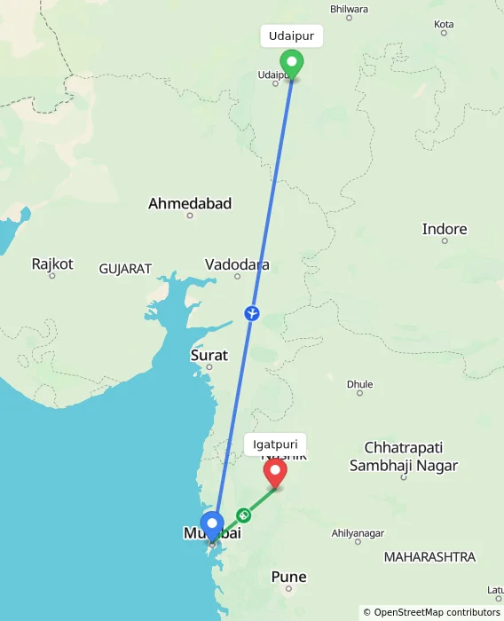 Route map showing distance and travel time from Udaipur, India to Igatpuri, India