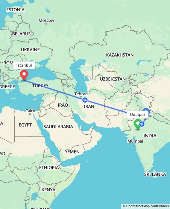 Route map showing distance and travel time from Udaipur, India to Istanbul, Turkey