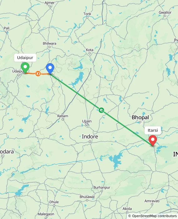 Route map showing distance and travel time from Udaipur, India to Itarsi, India