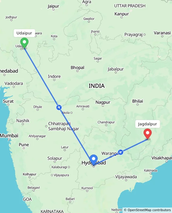 Route map showing distance and travel time from Udaipur, India to Jagdalpur, India