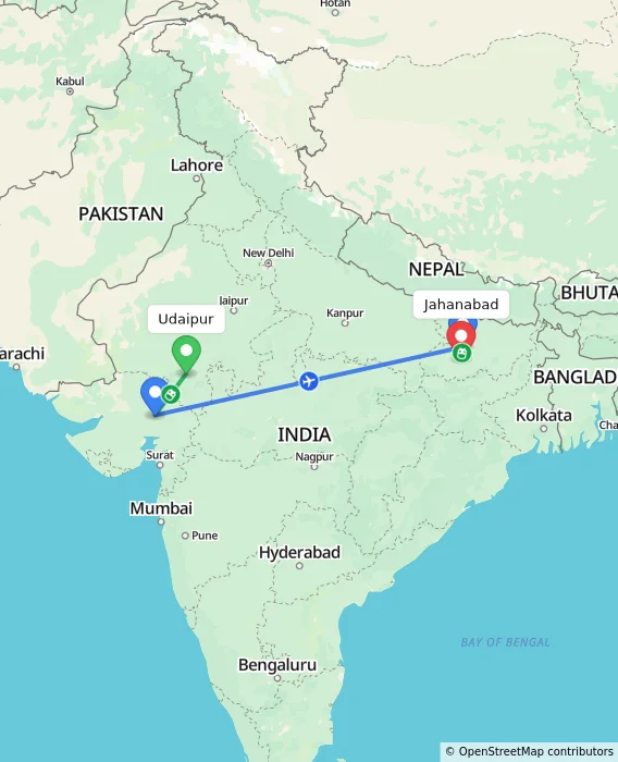 Route map showing distance and travel time from Udaipur, India to Jahanabad, India