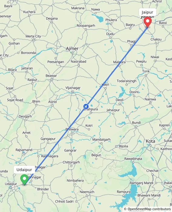 Route map showing distance and travel time from Udaipur, India to Jaipur, India