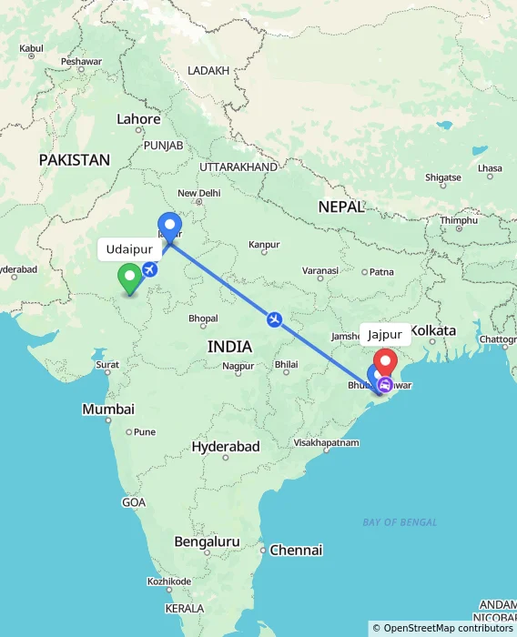 Route map showing distance and travel time from Udaipur, India to Jajpur, India