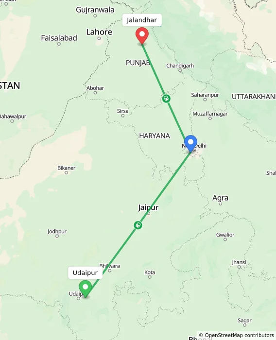 Route map showing distance and travel time from Udaipur, India to Jalandhar, India
