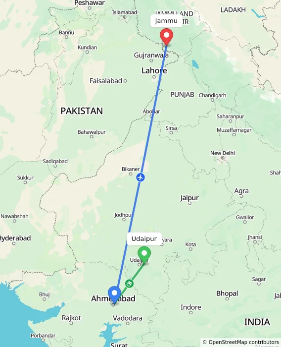 Route map showing distance and travel time from Udaipur, India to Jammu, India