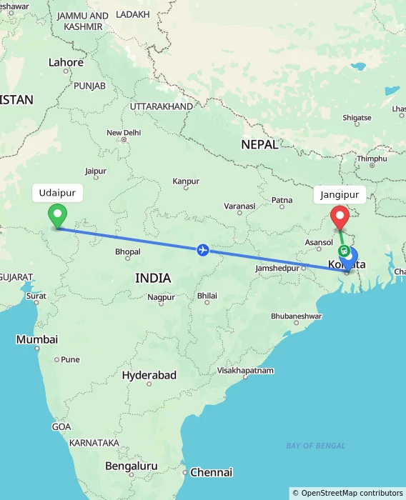 Route map showing distance and travel time from Udaipur, India to Jangipur, India