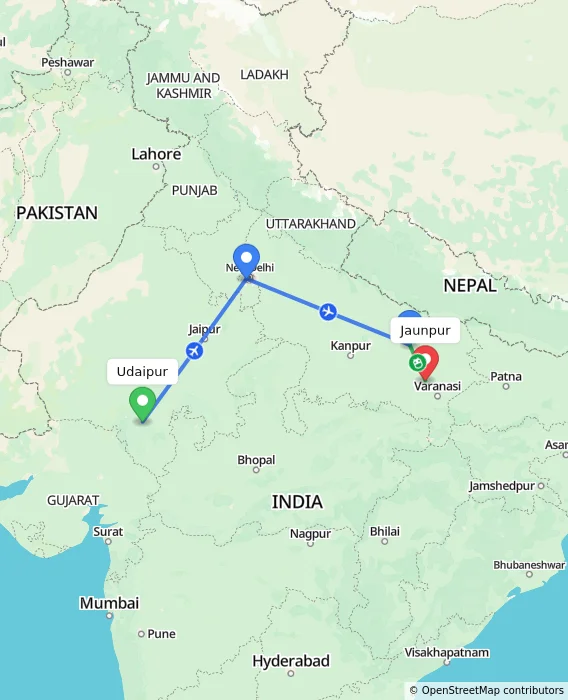 Route map showing distance and travel time from Udaipur, India to Jaunpur, India