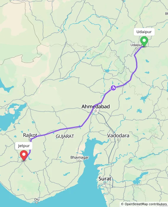 Route map showing distance and travel time from Udaipur, India to Jetpur, India