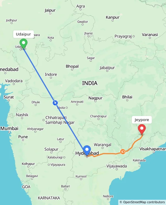Route map showing distance and travel time from Udaipur, India to Jeypore, India