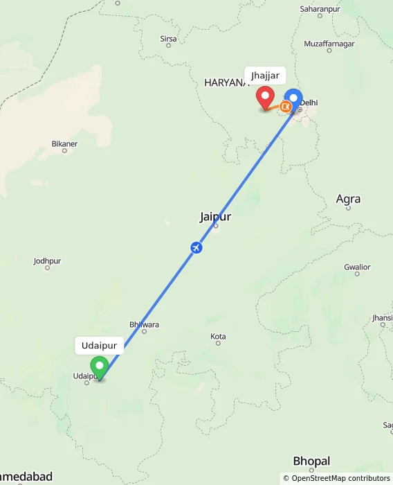 Route map showing distance and travel time from Udaipur, India to Jhajjar, India